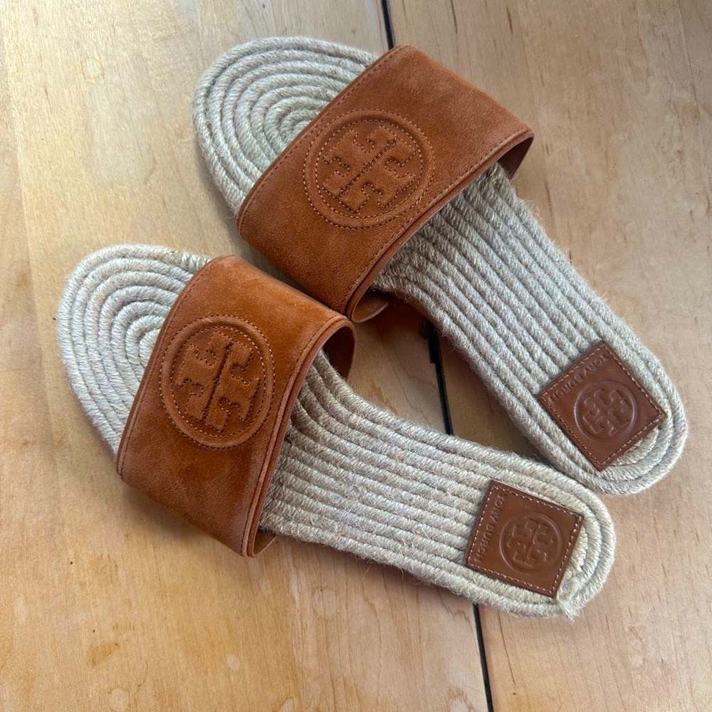 Tory Burch Benton Open Toe Espadrille Slide Sandals Suede Ambra Sz 7.5